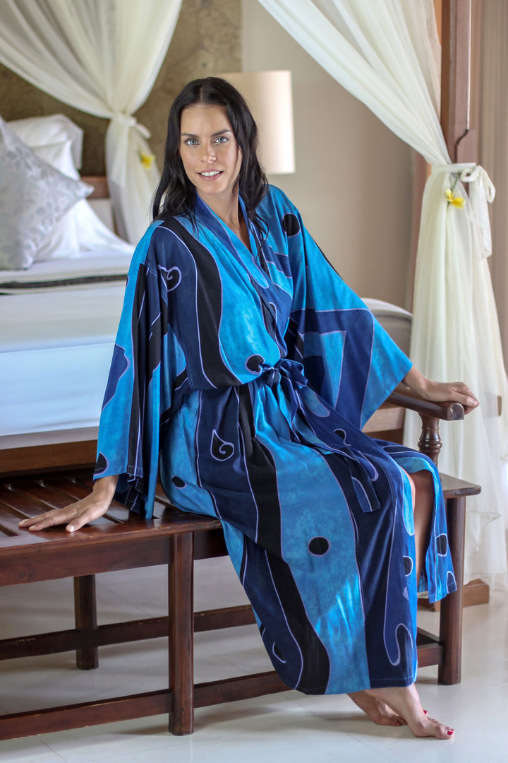 Women's Unique Batik Robe from Indonesia - Tropical Sea | NOVICA