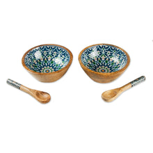 Load image into Gallery viewer, Floral Tile-Themed Wood Salad Bowl Serving Spoon 4-Piece Set - Tide of Mosaics | NOVICA
