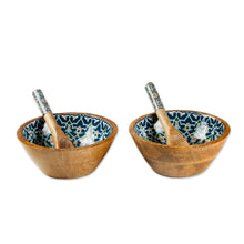 Load image into Gallery viewer, Floral Tile-Themed Wood Salad Bowl Serving Spoon 4-Piece Set - Tide of Mosaics | NOVICA
