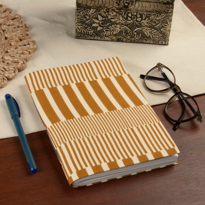 80-Page Block-Printed Cotton Journal in Yellow and Ivory - Yellow & Jolly | NOVICA