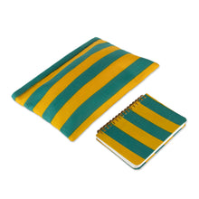 Load image into Gallery viewer, Striped Teal Yellow Cotton Toiletry Case Journal 2-Piece Set - Sunbeam Wanderer | NOVICA
