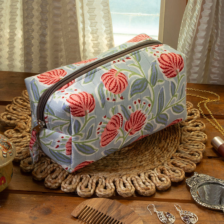 Spring-Patterned Blue and Red Zippered Cotton Toiletry Case - Blossoming Itinerary | NOVICA
