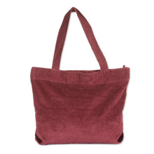 Load image into Gallery viewer, Zippered Ribbed Cotton Corduroy Tote Bag in a Maroon Hue - Maroon Sister | NOVICA
