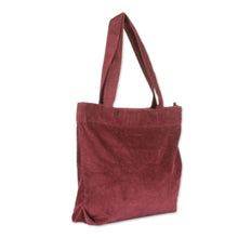 Load image into Gallery viewer, Zippered Ribbed Cotton Corduroy Tote Bag in a Maroon Hue - Maroon Sister | NOVICA
