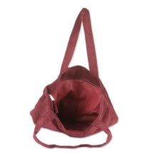 Load image into Gallery viewer, Zippered Ribbed Cotton Corduroy Tote Bag in a Maroon Hue - Maroon Sister | NOVICA
