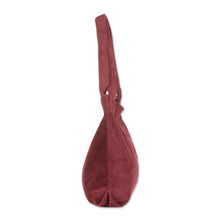 Load image into Gallery viewer, Zippered Ribbed Cotton Corduroy Tote Bag in a Maroon Hue - Maroon Sister | NOVICA
