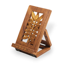Load image into Gallery viewer, Leaf-Themed Jempinis Wood Phone Holder with Golden Accents - Leafy Discovery | NOVICA
