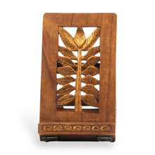 Load image into Gallery viewer, Leaf-Themed Jempinis Wood Phone Holder with Golden Accents - Leafy Discovery | NOVICA
