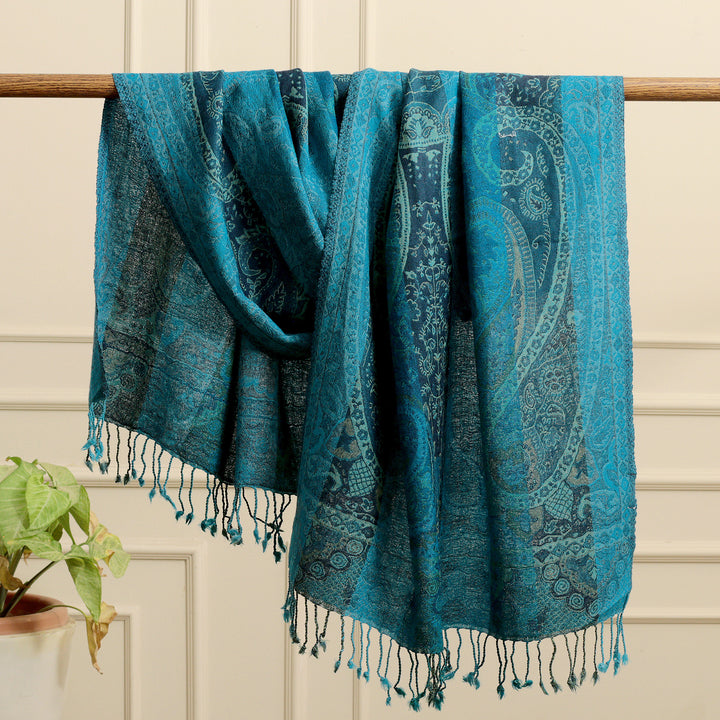 Paisley and Floral-Themed Jacquard Wool Shawl in Blue Shades - Paisley Symphony | NOVICA