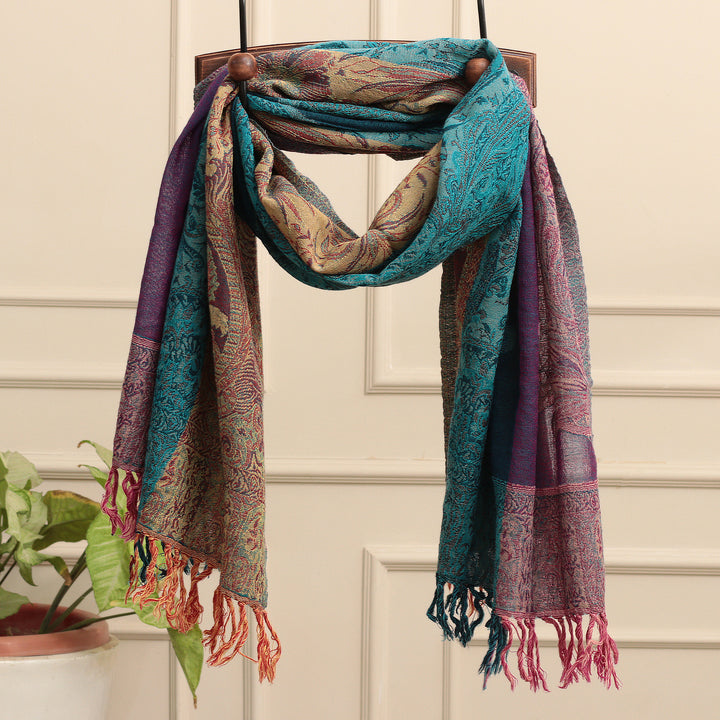 Paisley Botanical-Themed Bollywood-Style Fringed Wool Shawl - Twilight Paisley Harmony | NOVICA