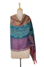 Load image into Gallery viewer, Paisley Botanical-Themed Bollywood-Style Fringed Wool Shawl - Twilight Paisley Harmony | NOVICA
