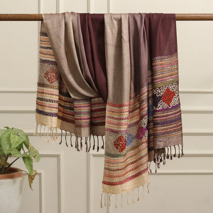 Striped Jacquard Woven Rayon Shawl with Geometric Embroidery - Earthy Harmony | NOVICA
