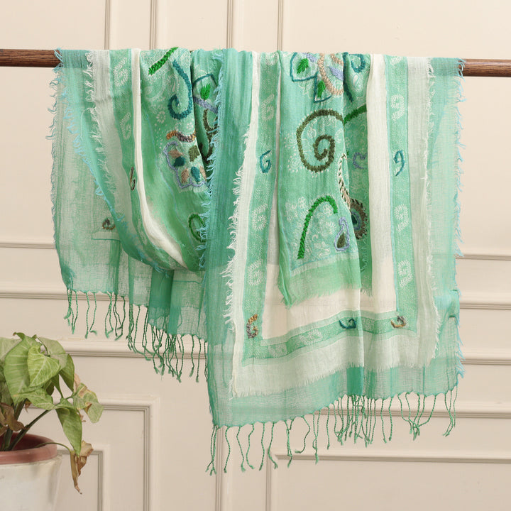 Wool Cotton Blend Shawl with Floral and Paisley Embroidery - Mint Meadow | NOVICA