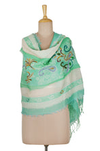 Load image into Gallery viewer, Wool Cotton Blend Shawl with Floral and Paisley Embroidery - Mint Meadow | NOVICA
