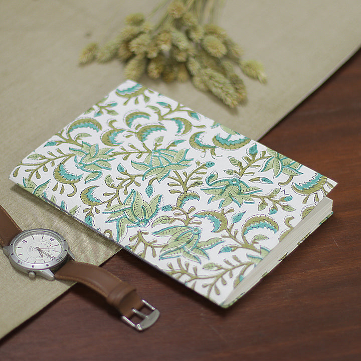 Hand-Block Printed Floral-Patterned Blank Cotton Journal - Leafy Inspiration | NOVICA