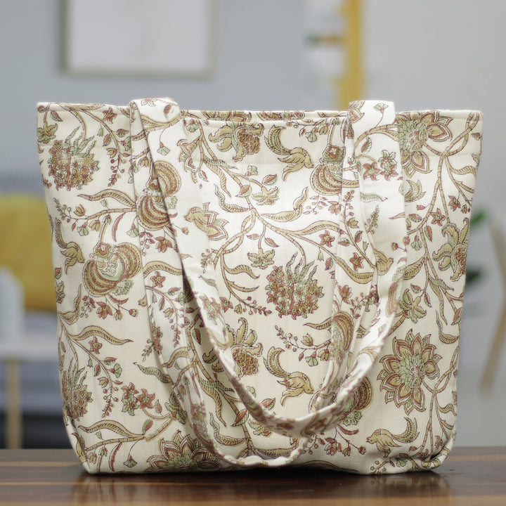 Cotton Tote Bag with Hand-Block Printed Floral Leaf Patterns - Tropical Blossoms | NOVICA