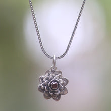 Load image into Gallery viewer, Floral Sterling Silver Garnet Pendant Necklace - Sacred Red Lotus | NOVICA
