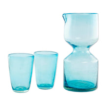 Load image into Gallery viewer, Handblown Recycled Glass Pitcher Set for 2 - Azure Chalice | NOVICA
