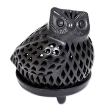 Load image into Gallery viewer, Artisan Crafted Black Pottery Tealight Candle Holder - Glowing Owl | NOVICA
