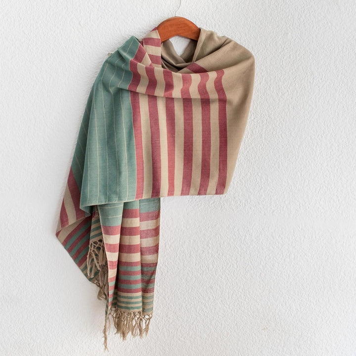 Handwoven Striped Cotton Shawl - Maroon Comalapa Breeze | NOVICA