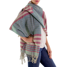 Load image into Gallery viewer, Handwoven Striped Cotton Shawl - Maroon Comalapa Breeze | NOVICA
