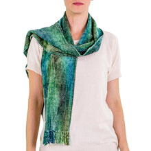 Load image into Gallery viewer, Teal and Blue Backstrap Loom Rayon Chenille Scarf - Precious Teal | NOVICA
