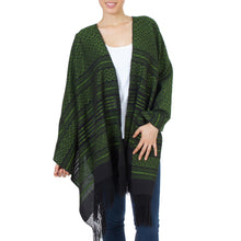 Load image into Gallery viewer, Green and Black Cotton Handwoven Zapotec Shawl - Avocado Leaves | NOVICA
