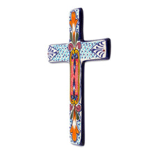 Load image into Gallery viewer, Hand Crafted Multicolored Ceramic Wall Cross From Mexico - Orange Lily | NOVICA
