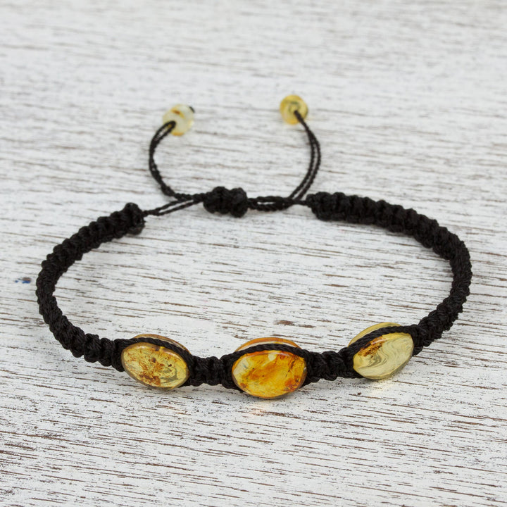Braided Nylon Bracelet with Mexican Amber in Black - Amber Night | NOVICA