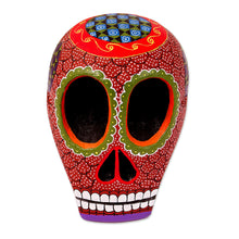 Load image into Gallery viewer, Mexican Hand Painted Terracotta Hue Wooden Skull Figurine - Death and Folklore | NOVICA
