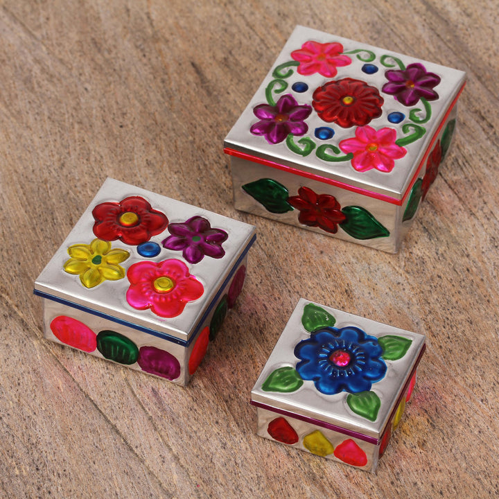 Three Tin Nesting Boxes with Floral Designs from Mexico - Floral Companions | NOVICA