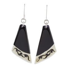 Load image into Gallery viewer, Black Asymmetrical Triangle Art Glass Dangle Earrings - Dance Fan | NOVICA

