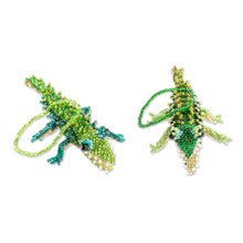 Load image into Gallery viewer, Green Glass Beaded Crocodile Ornaments from Guatemala (Pair) - Green Crocodiles | NOVICA
