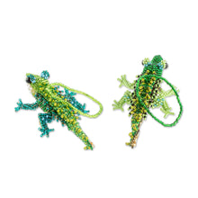 Load image into Gallery viewer, Green Glass Beaded Crocodile Ornaments from Guatemala (Pair) - Green Crocodiles | NOVICA
