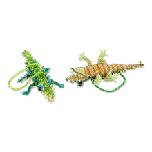 Load image into Gallery viewer, Green Glass Beaded Crocodile Ornaments from Guatemala (Pair) - Green Crocodiles | NOVICA
