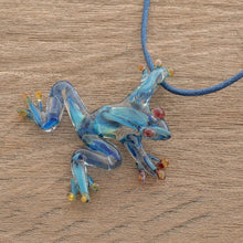 Load image into Gallery viewer, Blue with Red Accents Handblown Glass Frog Pendant Necklace - Red-Eyed Frog | NOVICA
