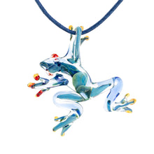 Load image into Gallery viewer, Blue with Red Accents Handblown Glass Frog Pendant Necklace - Red-Eyed Frog | NOVICA
