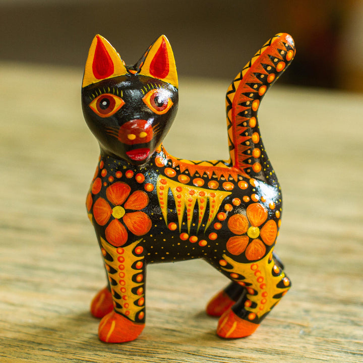 Wood Alebrije Cat Figurine in Orange from Mexico - Fiery Cat | NOVICA