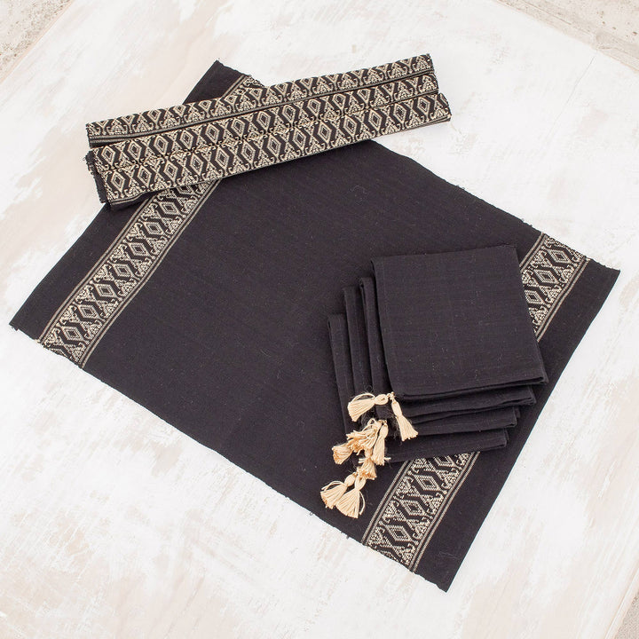 Cotton Table Linen Set for 4 in Black from Guatemala - Beige Moon | NOVICA