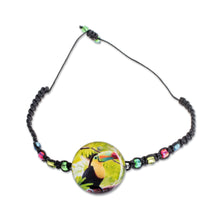 Load image into Gallery viewer, Toucan Glass Beaded Macrame Pendant Bracelet from Costa Rica - Rainbow-Billed Toucan | NOVICA
