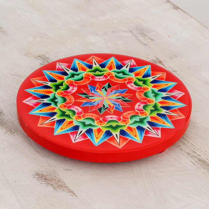 Decoupage Wood Trivet in Red from Costa Rica - Traditional Colors in Red | NOVICA