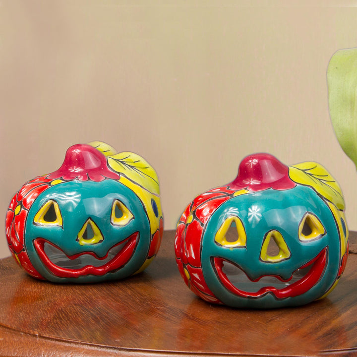Jack-O-Lantern Talavera Ceramic Tealight Holders (Pair) - Bright Jack-O-Lantern | NOVICA