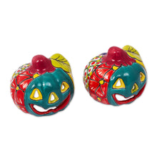 Load image into Gallery viewer, Jack-O-Lantern Talavera Ceramic Tealight Holders (Pair) - Bright Jack-O-Lantern | NOVICA
