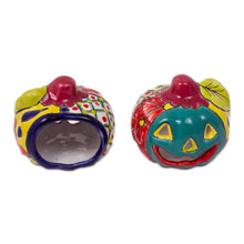 Load image into Gallery viewer, Jack-O-Lantern Talavera Ceramic Tealight Holders (Pair) - Bright Jack-O-Lantern | NOVICA
