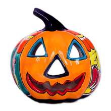 Load image into Gallery viewer, Ceramic Jack-O-Lantern Candle Holder from Mexico - Floral Halloween | NOVICA
