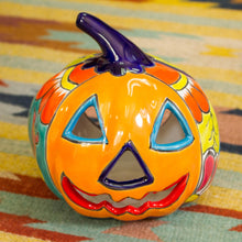 Load image into Gallery viewer, Ceramic Jack-O-Lantern Candle Holder from Mexico - Floral Halloween | NOVICA
