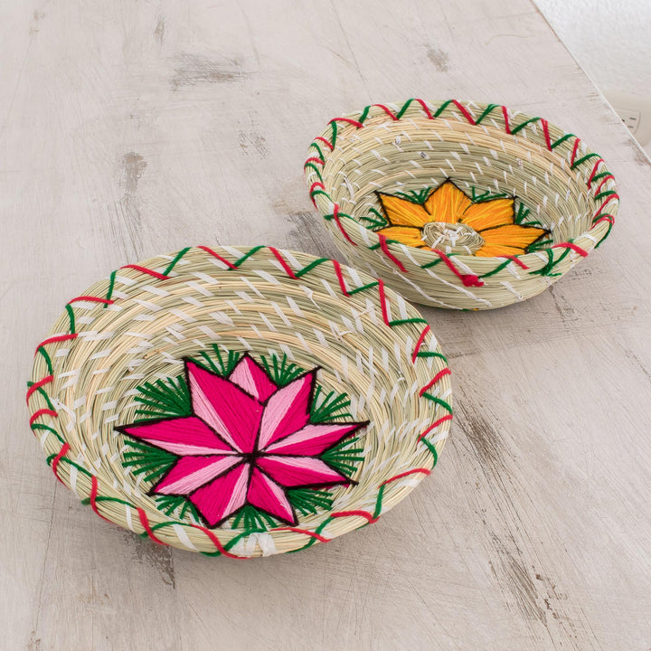 Embroidered Natural Fiber Baskets from Guatemala (Pair) - Bright Stars | NOVICA