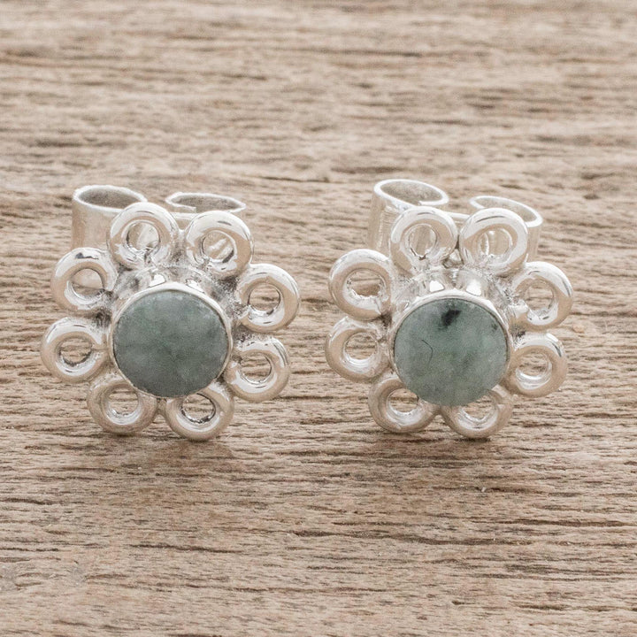 Jade Stud Earrings with Floral Motifs from Guatemala - Apple Daisies | NOVICA