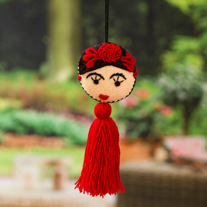 Frida Kahlo Embroidered Wool Ornament from Mexico - Frida's Crimson Heart | NOVICA