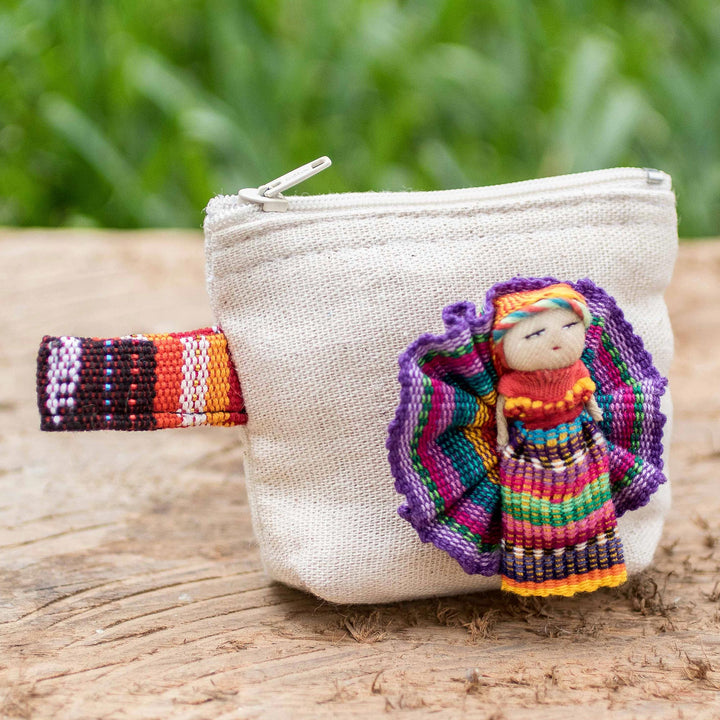 Handmade Cotton Coin Purse with Worry Doll - Helpful Friend | NOVICA